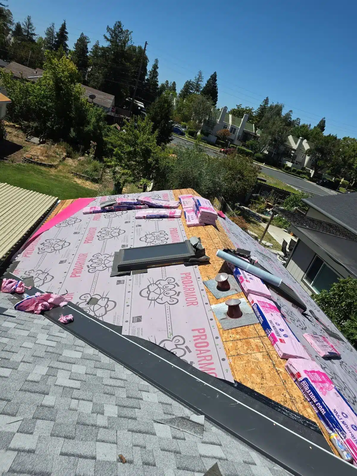 Owens Corning ProArmor underlayment and a new skylight going in over the new OSB deck in Pleasant Hill