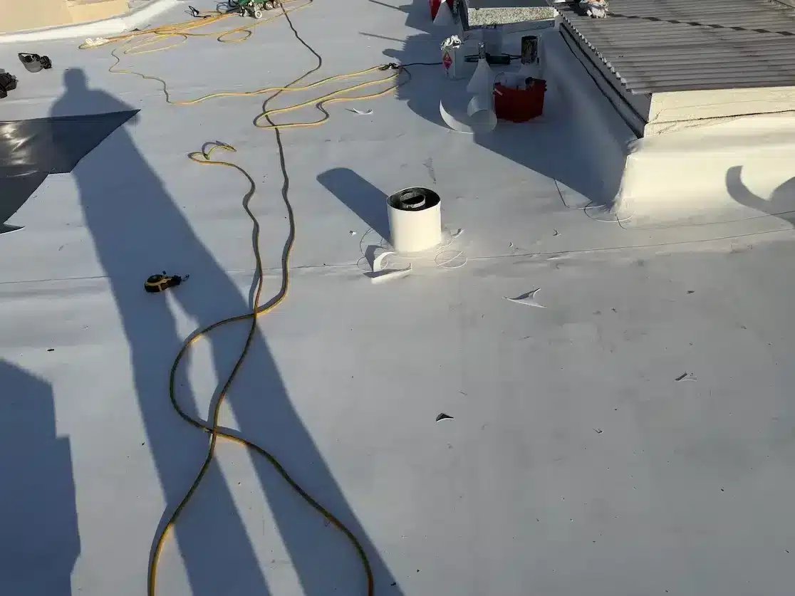 Freshly installed bright white TPO flat roof membrane by Lifetime Roofing in San Francisco