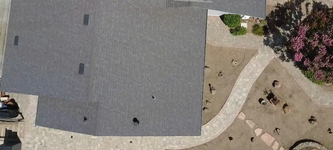 Overhead view of the new shingle field and attic vents after the San Rafael roof replacement