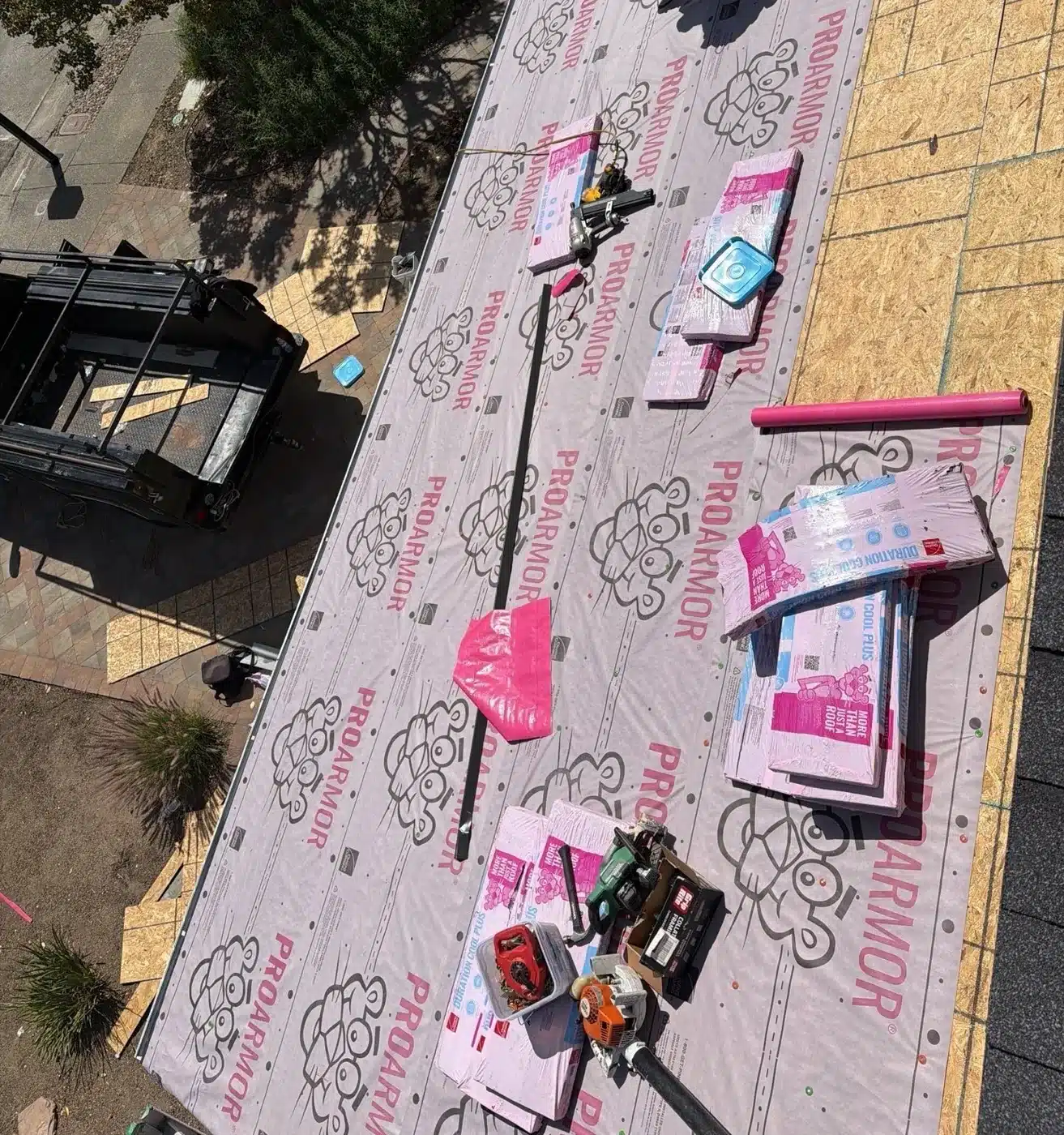 ProArmor synthetic underlayment laid over the new roof deck during the San Rafael shingle roof replacement