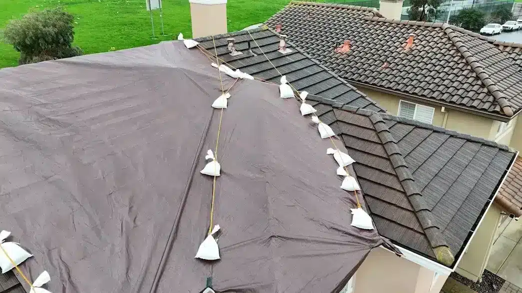 Tarps covering two sections of a concrete tile roof before underlayment replacement in South San Francisco